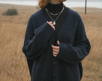 Cárdigan de tweed de alpaca merino tejido a mano, chaqueta azul extragrande