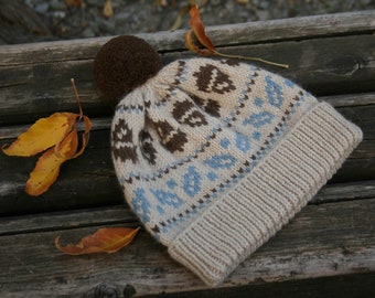 Pom Pom Hat, Handmade wool beanie, Winter hat, Hand knitted hat, Accessories, Jacquard Winter Hat, Wool Hat,
