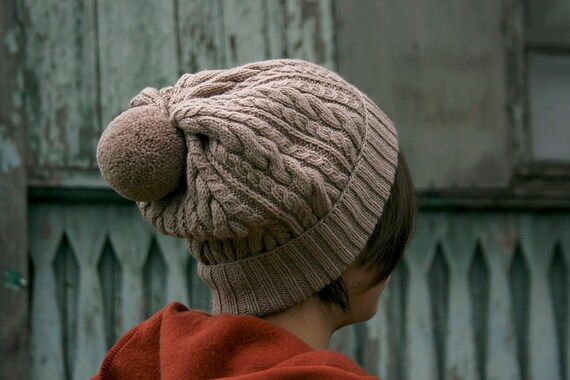 Beige Cable Knit Hat, Wool Knit Hat, Slouchy Beanie Hat, Cozy Knit Hat, Gift for Her, Women Knit Hat, Hat with Pom Pom