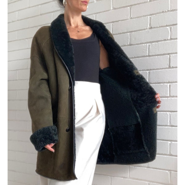 Vintage Real Sheepskin Shearling jacket - Coat - Womens Size 12 uk (40 eur) (8 USA)  - Khaki - Green - Lambswool - Warm Winter Coat