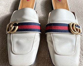 Gucci Mules -  Vintage Shoes - Prince town Slipper - Slip ons - Backless shoes - Loafers - Size 4 Uk - Real Leather - Authentic - White