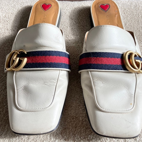 Gucci Mules -  Vintage Shoes - Prince town Slipper - Slip ons - Backless shoes - Loafers - Size 4 Uk - Real Leather - Authentic - White