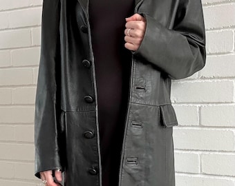 Vintage Black Leather Jacket -  Midi Coat – Women - Soft Leathet - Real Leather - Y2K - 90s