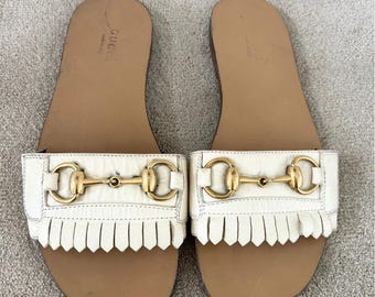 Vintage Gucci Horsebit Leather Sandals – Cream Fringe Slides, Women's Size 3 UK