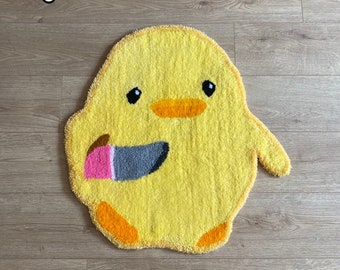 Handmade Chick With Knife Rug | Cute Rug | Funky Rug | Duck With Knife Rug | Yellow Rug
