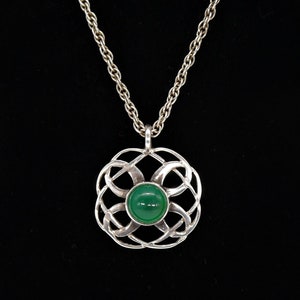 Large Vintage Sterling Silver Celtic Knot Pendant Necklace - Skye Silver - Green Agate - Celtic Knot - Hallmarked Edinburgh 1991
