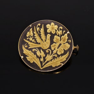 Vintage 1960s-1970s Round Concave Shield Damascene Brooch - Trombone Clasp - Bird and Flower Design - 24K Gold Inlay - Spanish Damascene