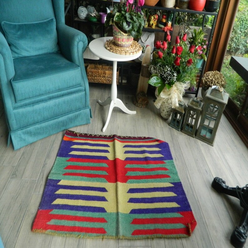 Turkish Kilim Rug 31/'/'x41/'/' Anatolian Vintage Unique Handwoven Glossy Wool Kilim Rug Handmade Bohemian Reversible Authentic Shiny Area Rug