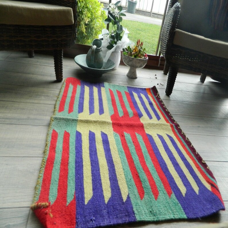 Turkish Kilim Rug 31/'/'x41/'/' Anatolian Vintage Unique Handwoven Glossy Wool Kilim Rug Handmade Bohemian Reversible Authentic Shiny Area Rug