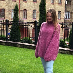 Pink Mohair Knitted Oversize Turtleneck Sweater. Fluffy Plus Size Thick Pullover. Chunky Long Jumper