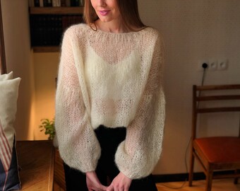 Kid Mohair Milky White Pastel Fluffy Knitted Sweater Loose Fit Wedding Airy Sweater Mesh Bridal Light Fuzzy Cloud Slouchy Women Pullover