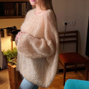 Kid Mohair Pastel Light Beige Loose Knit Sweater Wedding Airy Sheer Fluffy Oversize Sandy Sequin Sweater Transparent Slouchy Fuzzy Pullover image 2