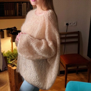 Kid Mohair Pastel Light Beige Loose Knit Sweater Wedding Airy Sheer Fluffy Oversize Sandy Sequin Sweater Transparent Slouchy Fuzzy Pullover image 2