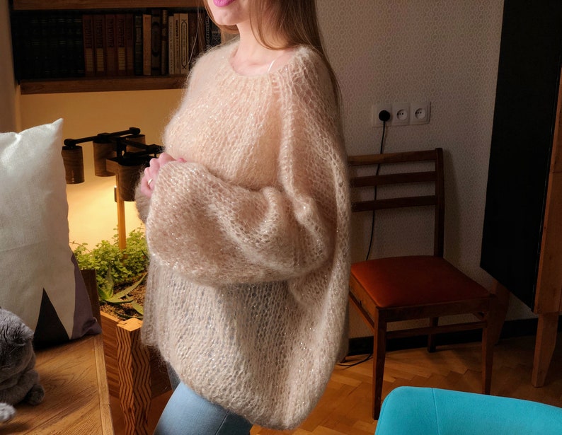 Kid Mohair Pastel Light Beige Loose Knit Sweater Wedding Airy Sheer Fluffy Oversize Sandy Sequin Sweater Transparent Slouchy Fuzzy Pullover image 2