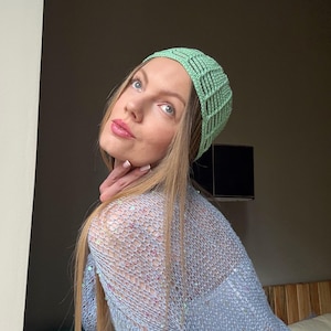 Mint Green Crochet Mesh Hat. Summer Skull Cap. Boho Cotton Headwear. Netted Beanie