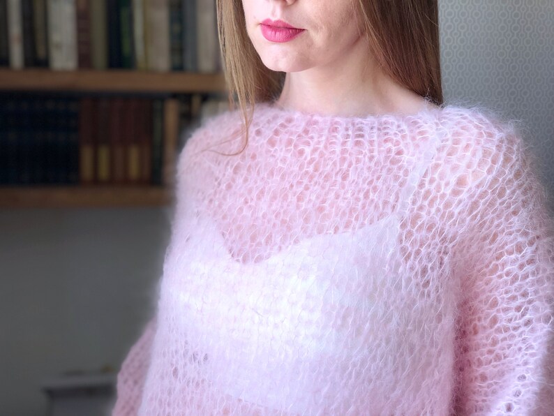 Kid Mohair Pastel Pink Fluffy Rose Sweater Bridal Wedding Sheer Women Sweater Loose Knit Oversize Wool Fuzzy Jumper Airy Cloud Cute Pullover image 7