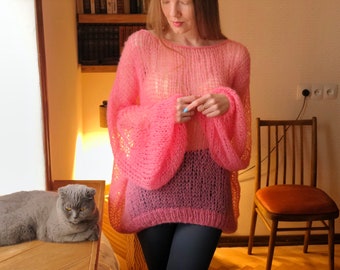Kid Mohair Pink Mesh Oversize Knitted Sweater Lighweight See Through Long Loose Knit Sweater Airy Volume Sleeves Transparent Women Pullover