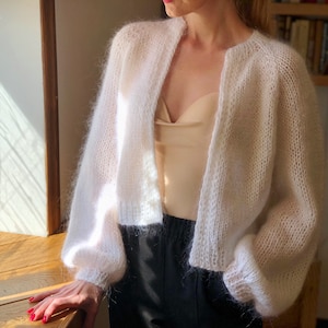 White Mohair Cropped Knitted Cardigan: Fuzzy Bridal Short Shrug. Fluffy Pastel Wedding Bomber