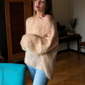 Kid Mohair Pastel Light Beige Loose Knit Sweater Wedding Airy Sheer Fluffy Oversize Sandy Sequin Sweater Transparent Slouchy Fuzzy Pullover image 6