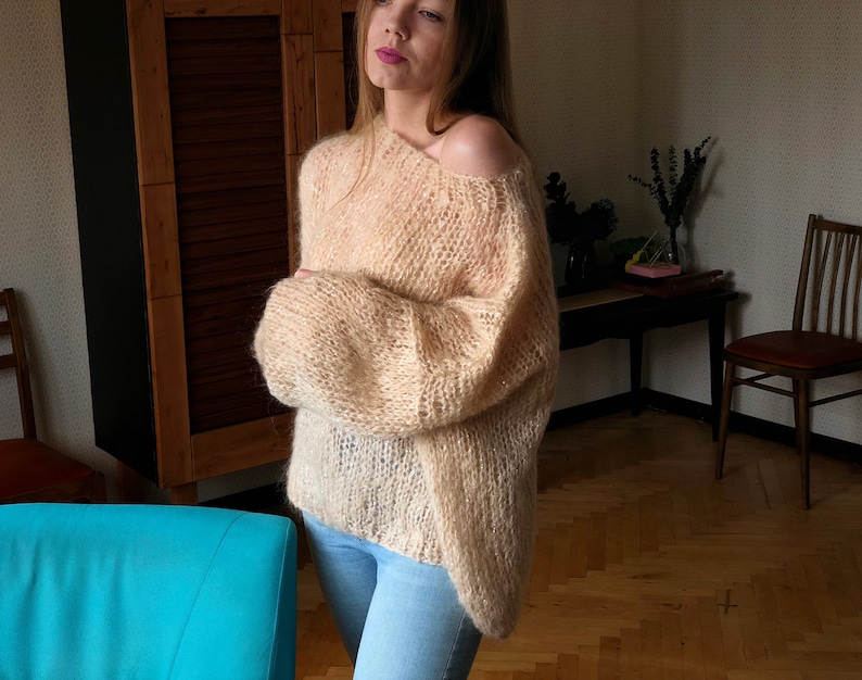 Kid Mohair Pastel Light Beige Loose Knit Sweater Wedding Airy Sheer Fluffy Oversize Sandy Sequin Sweater Transparent Slouchy Fuzzy Pullover image 6