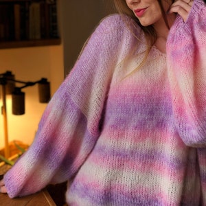 Kid Mohair Pink Lilac Gradient Pastel Knitted Sweater Oversize Off Shoulder Women Colorful Ombre Sweater Stripped Plus Size Femme Pullover