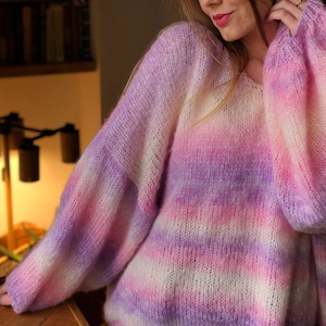 Pink Lilac Kid Mohair Knitted Sweater. Oversize Gradient Pastel Pullover. Plus Size Multicolour Jumper