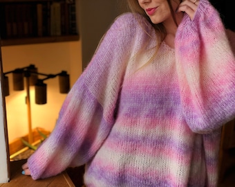 Kid Mohair Pink Lilac Gradient Pastel Knitted Sweater Oversize Off Shoulder Women Colorful Ombre Sweater Stripped Plus Size Femme Pullover