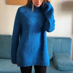 Royal Blue Merino Wool Mohair Knitted Mockneck Sweater Turtleneck Skinny Jumper Casual Warm Long Soft Basic Pullover with Elongated Back