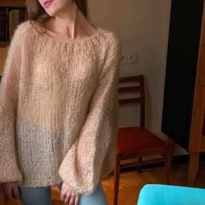 Kid Mohair Pastel Light Beige Loose Knit Sweater Wedding Airy Sheer Fluffy Oversize Sandy Sequin Sweater Transparent Slouchy Fuzzy Pullover image 1