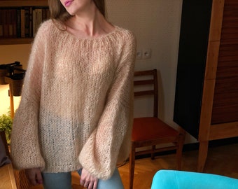 Kid Mohair Pastel Light Beige Loose Knit Sweater Wedding Airy Sheer Fluffy Oversize Sandy Sequin Sweater Transparent Slouchy Fuzzy Pullover
