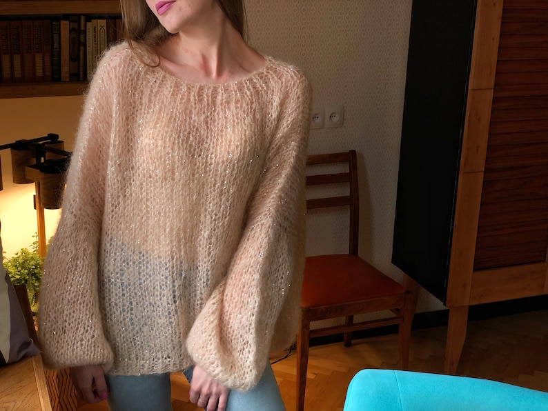 Kid Mohair Pastel Light Beige Loose Knit Sweater Wedding Airy Sheer Fluffy Oversize Sandy Sequin Sweater Transparent Slouchy Fuzzy Pullover image 1
