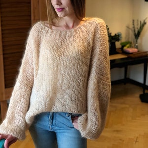 Kid Mohair Pastel Light Beige Loose Knit Sweater Wedding Airy Sheer Fluffy Oversize Sandy Sequin Sweater Transparent Slouchy Fuzzy Pullover image 9