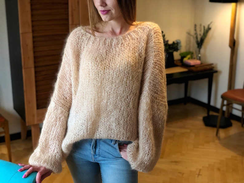 Kid Mohair Pastel Light Beige Loose Knit Sweater Wedding Airy Sheer Fluffy Oversize Sandy Sequin Sweater Transparent Slouchy Fuzzy Pullover image 9