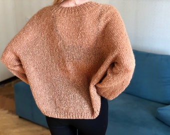 Mohair Brown Knitted Lurex Women Sweater Sheer See Through Wool Oversize Jumper Loose Fit Glitter Soft Lighweight Crewneck Slouchy Pullover