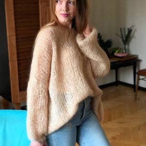 Kid Mohair Pastel Light Beige Loose Knit Sweater Wedding Airy Sheer Fluffy Oversize Sandy Sequin Sweater Transparent Slouchy Fuzzy Pullover image 7