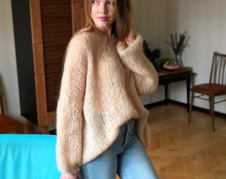 Kid Mohair Pastel Light Beige Loose Knit Sweater Wedding Airy Sheer Fluffy Oversize Sandy Sequin Sweater Transparent Slouchy Fuzzy Pullover image 7