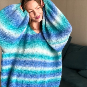 Blue Green Kid Mohair Knitted Sweater. Gradient Striped Oversize Pullover. Plus Size Fluffy Jumper