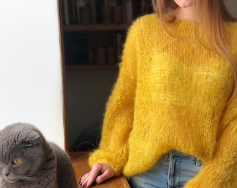 Pull moelleux en tricot jaune doré enfant mohair, tricot ample flou surdimensionné pour femmes, pull moutarde aérien, gros nuage, pull transparent de mariage mignon