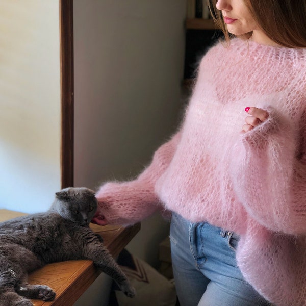 Kid Mohair Pastel Pink Fluffy Rose Sweater Bridal Wedding Sheer Women Sweater Loose Knit Oversize Wool Fuzzy Jumper Airy Cloud Cute Pullover