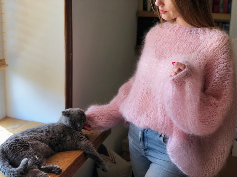 Kid Mohair Pastel Pink Fluffy Rose Sweater Bridal Wedding Sheer Women Sweater Loose Knit Oversize Wool Fuzzy Jumper Airy Cloud Cute Pullover image 1