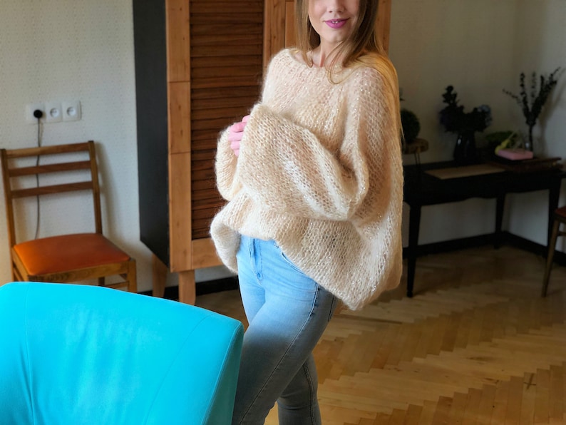 Kid Mohair Pastel Light Beige Loose Knit Sweater Wedding Airy Sheer Fluffy Oversize Sandy Sequin Sweater Transparent Slouchy Fuzzy Pullover image 10