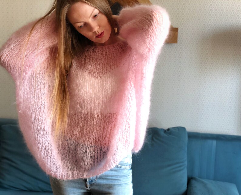 Kid Mohair Pastel Pink Fluffy Rose Sweater Bridal Wedding Sheer Women Sweater Loose Knit Oversize Wool Fuzzy Jumper Airy Cloud Cute Pullover image 10