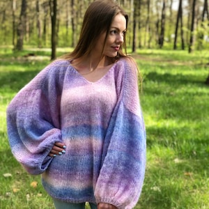 Lilac Mohair Gradient Knitted Sweater. Oversized Fluffy Ombre Pullover. Bulky Sleeves Striped Large Jumper