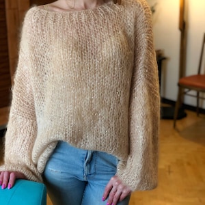 Kid Mohair Pastel Light Beige Loose Knit Sweater Wedding Airy Sheer Fluffy Oversize Sandy Sequin Sweater Transparent Slouchy Fuzzy Pullover image 8