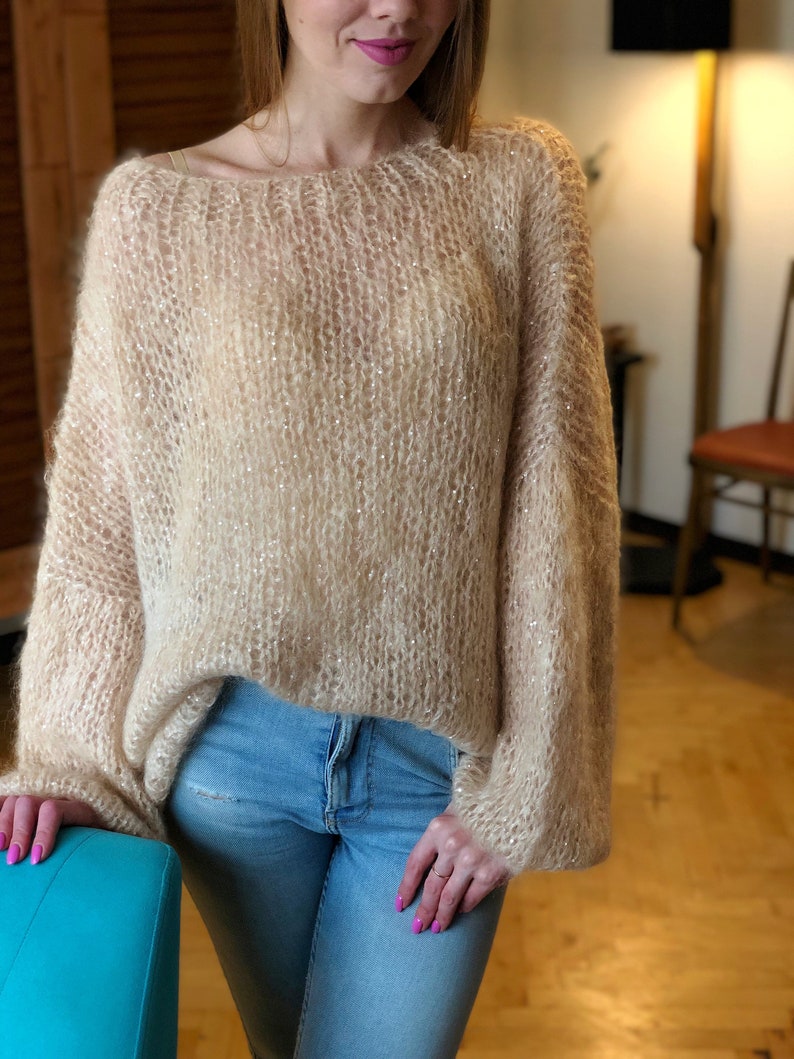 Kid Mohair Pastel Light Beige Loose Knit Sweater Wedding Airy Sheer Fluffy Oversize Sandy Sequin Sweater Transparent Slouchy Fuzzy Pullover image 8