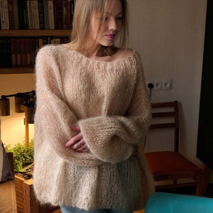 Kid Mohair Pastel Light Beige Loose Knit Sweater Wedding Airy Sheer Fluffy Oversize Sandy Sequin Sweater Transparent Slouchy Fuzzy Pullover image 3