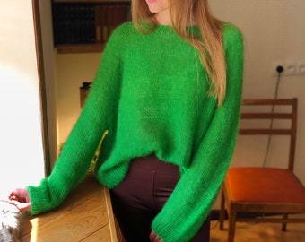 Kid Mohair Bright Green Fluffy Knitted Sweater Fuzzy Slouchy Oversize Basic Crewneck Pullover Handknit Boat Neck Casual Women Soft Jumper