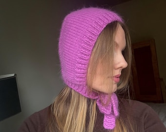 Pink Angora Knitted Bonnet, Fluffy Wool Tie Hat, Fuzzy Soft Aviator Beanie