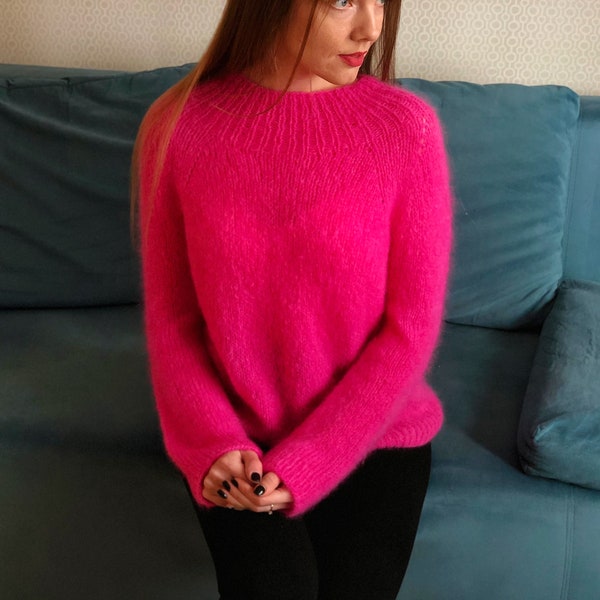 Bright Neon Pink Mohair Fuchsia HAnd Knit Fluffy Sweater Women Basic Pullover Fuzzy Soft Skin Friendly Sweater Cute Wool Crewneck Jumper