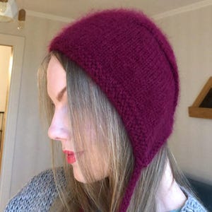 Dark Cherry Red Angora Fluffy Knitted Adult Bonnet with Ties Bow Tie Wool Fuzzy Beanie Soft Winter Hat Warm Headband Trendy Aviator Hat